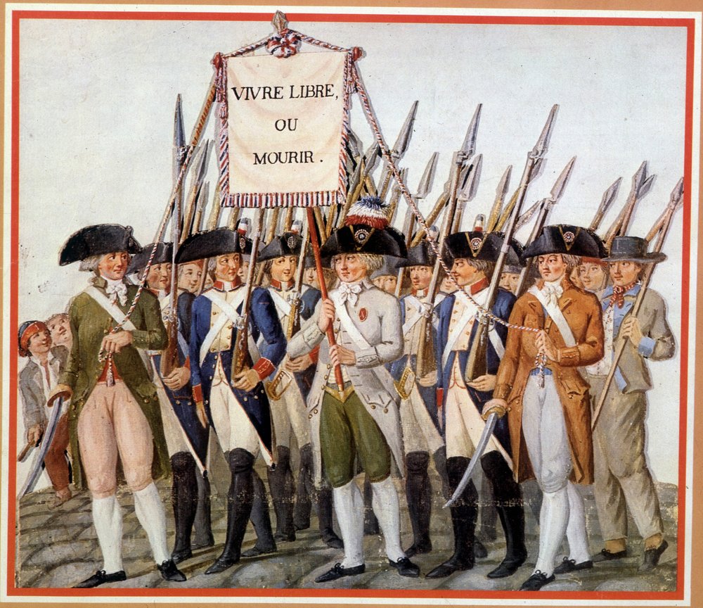 Nasjonalgardister med flagget «Lev fritt eller dø» av School French