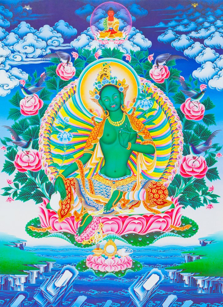 Bilde som viser den grønne Tara, den mors beskytter mot alle farer i tilværelsens hav (gouache på tøy) av School Nepalese