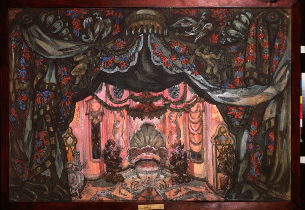 Forberedende dekor for stykket ""Figaros bryllup"" av Pierre Augustin (Pierre-Augustin) Caron de Beaumarchais (1732-1799). Verk av Sergei Yurievich Sudeykin (Serge Soudeikine) (1882-1946), gouache og tempera på papp av Sergei Yurevich Sudeikin