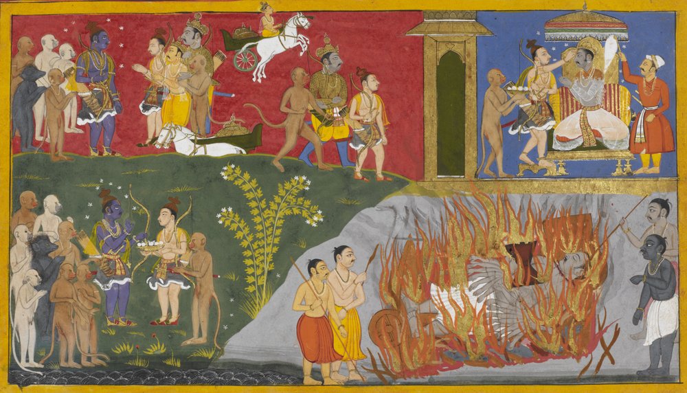 Bibhishana tenner Ravanas begravelsesbål, og Lakshmana tilbyr pindakaker til Rama av Sahibdin