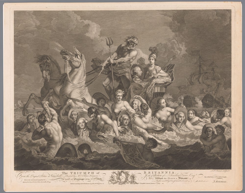 Allegori om den britiske marinen og seieren over den franske flåten The Triumph of Britannia (tittel på objekt) av Simon François Ravenet (le vieux)