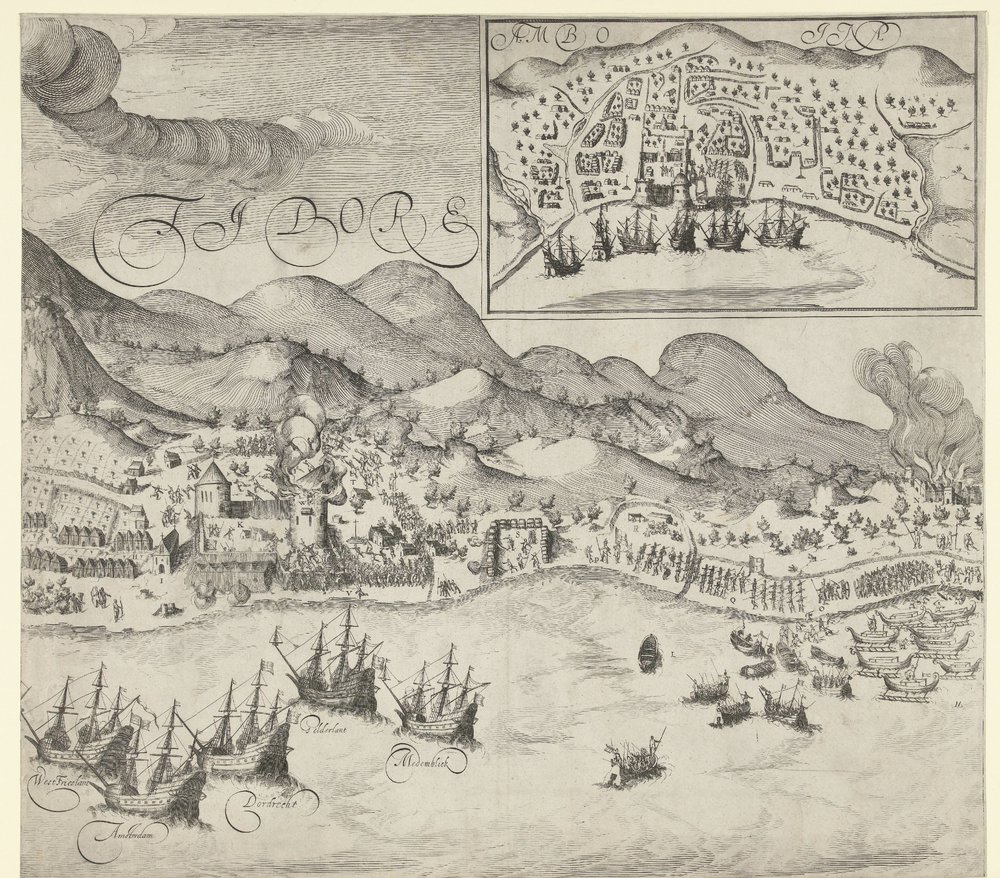 Hollenderne seirer over portugiserne på Tidore (høyre bilde), 1605 av Simon Frisius