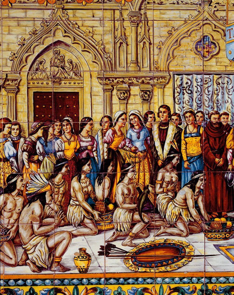 Indianere brakte følget av Columbus til Spania i 1492 (keramikk) av Spanish School