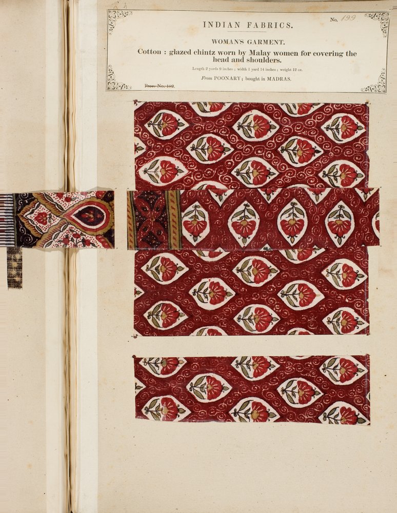 Bomullsglasert chintzprøve fra Poonary, kjøpt i Madras, fra The Collection of the Textile Manufacturers of India, av John Forbes Watson, utgitt i 1866 av Sri Lankan School