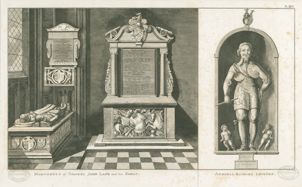 Wolverhampton - Monumenter til oberst John Lane og admiral Richard Leveson: gravering, nd [c 1798] (trykk) av Stebbing Shaw