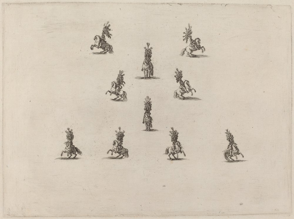 Ti kavalerere med store plymerhjelmer, 1652. av Stefano della Bella