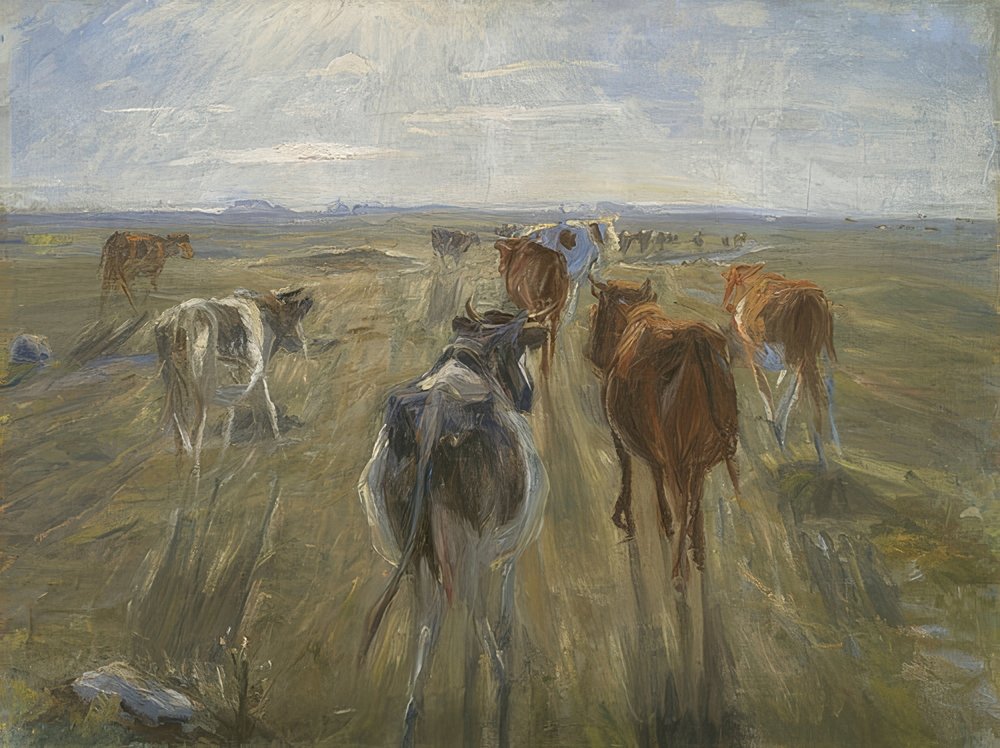 Lange skygger. Kyr på øya Saltholm. Omkring 1890 av Theodor Philipsen