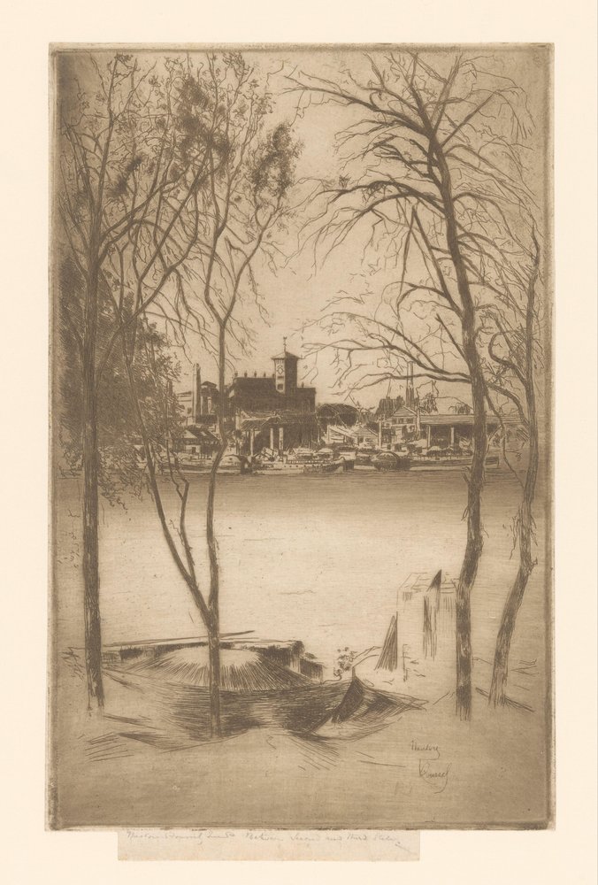 Utsikt over en elv med havn og industri Laburnums og Battersea av Théodore Roussel (signed by artist)