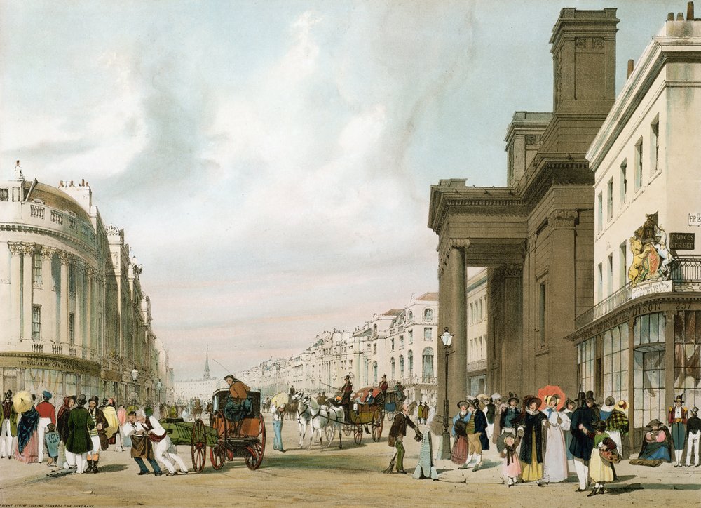 Regent Street Looking Towards the Quadrant, fra «London As It Is», gravert og pub. av kunstneren, 1842 av Thomas Shotter Boys