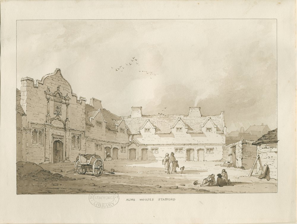 Stafford - Alms Houses: sepia-tegning, nd [1837] (tegning) av Thomas Peploe Wood
