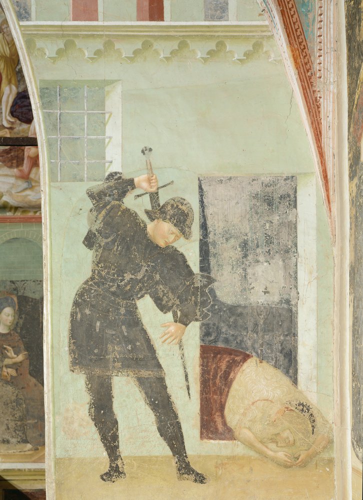 Livssyklusen til døperen Johannes: Soldat i ferd med å halshugge døperen Johannes av Tommaso Masolino da Panicale