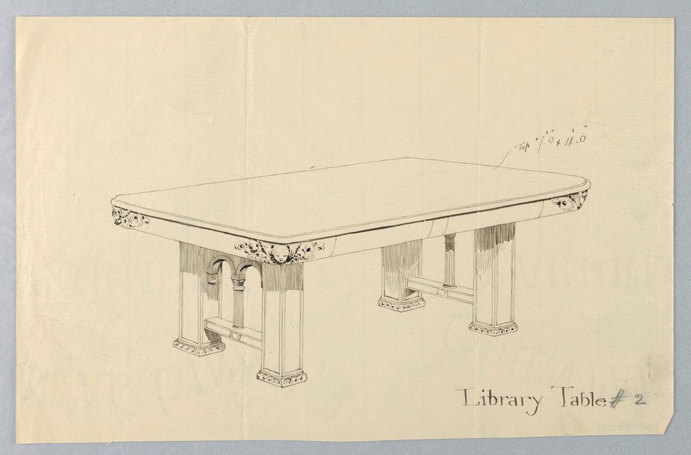Tegning, design for rektangulært bibliotekbord nr. 2 med Putti -ansikter skåret på hvert av avrundede hjørner av Unbekannt