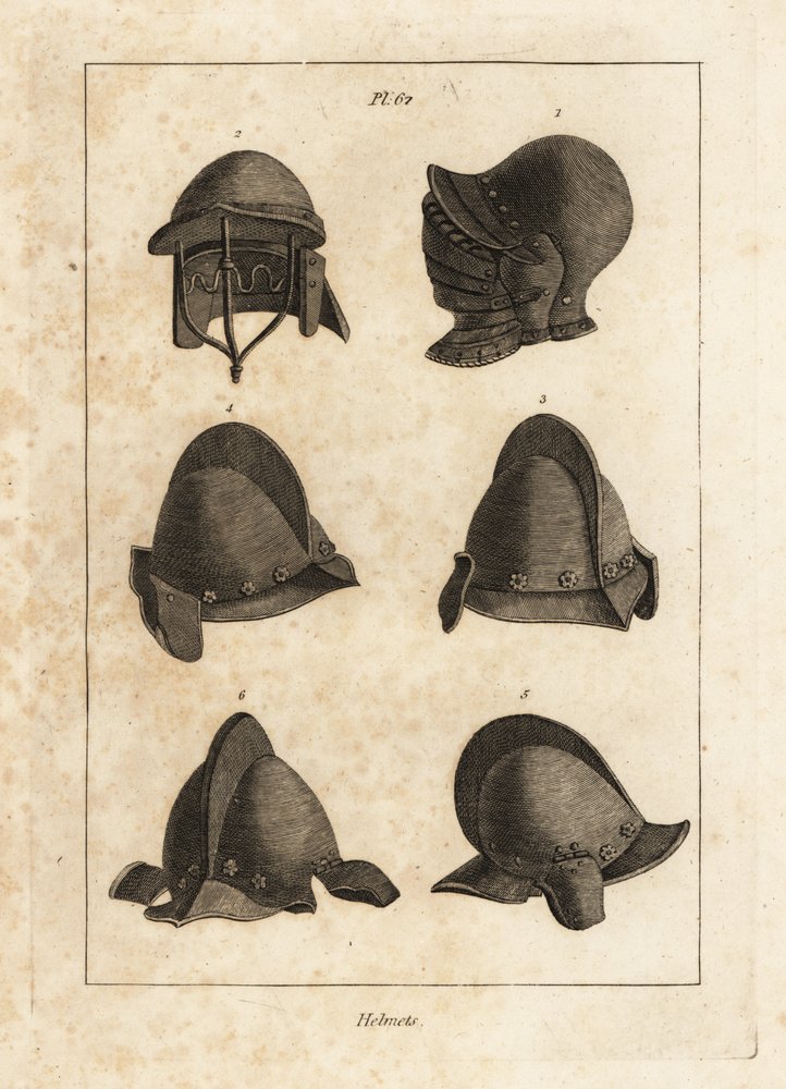 Hjelm med bever som kan åpnes ned i Tower of London 1, dobbel-stavet hjelm 2, og salg med oreillets eller øretelefoner 3-6 av Unbekannt