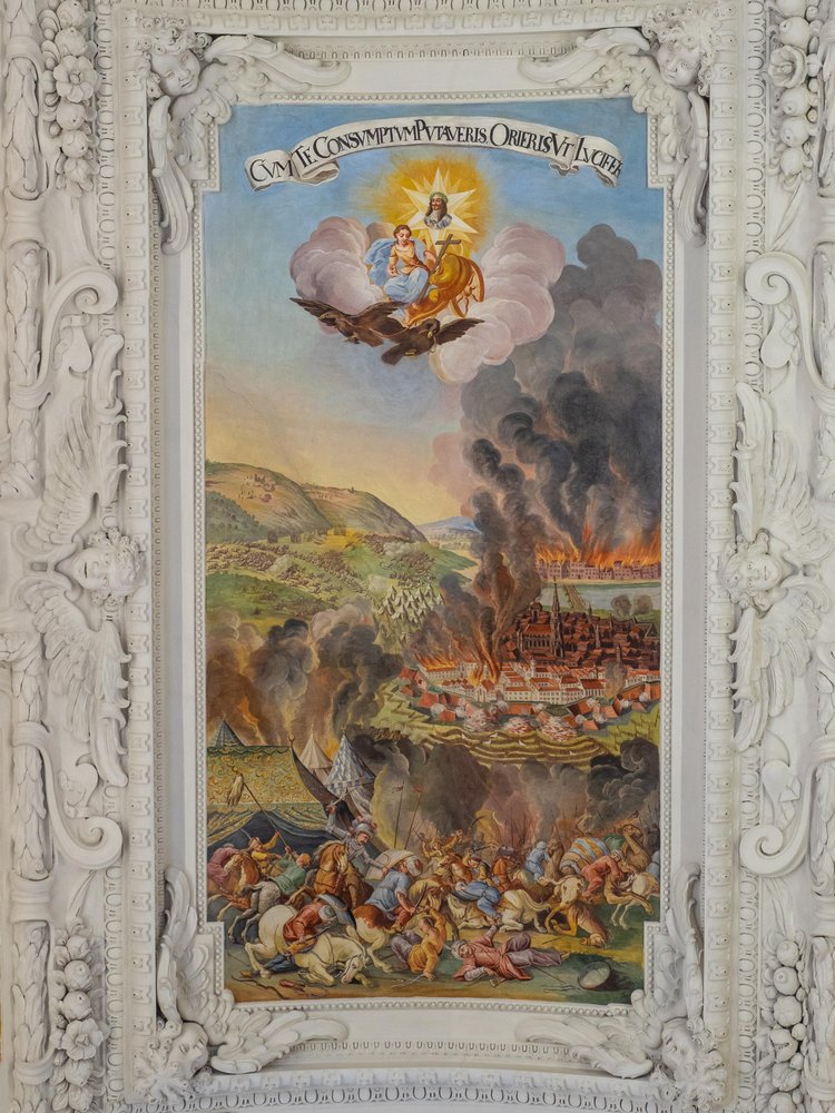 Takfreskomaleri i sidegangen til St. Katarina-kirken, Nedlegging av Wien i 1683, Habsburgernes mausoleum, Graz, Steiermark, Østerrike, Europa (bilde) av Unbekannter Künstler