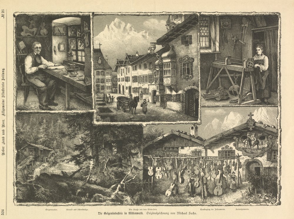 Fiolinindustrien i Mittenwald, Stuttgart 1882 (gravering) av Unbekannter Künstler