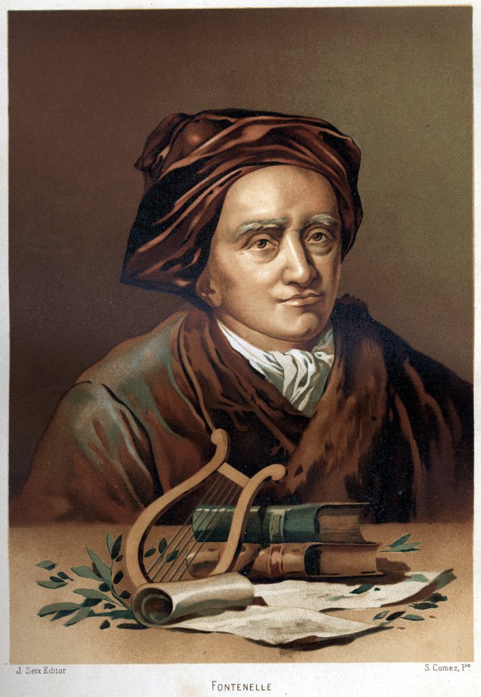 Portrett av Bernard Le Bouyer (The Bovier) av Fontenelle (1657-1757). Kromolitografi fra slutten av 1800-tallet. basert på "Science and its Men"" av Louis Figuier. Barcelona 1881 av Unknown artist