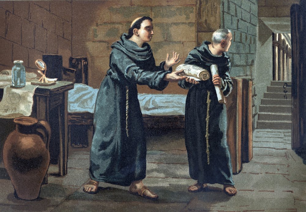 Roger Bacon, Franciscan monk, theologian, philosopher and English scholar (1214-1294) sent the book “Opus majus” (1267-1268) to the Pope - in “La Ciencia y sus Hombres” by Louis Figuier. Barcelona 1881 av Unknown artist