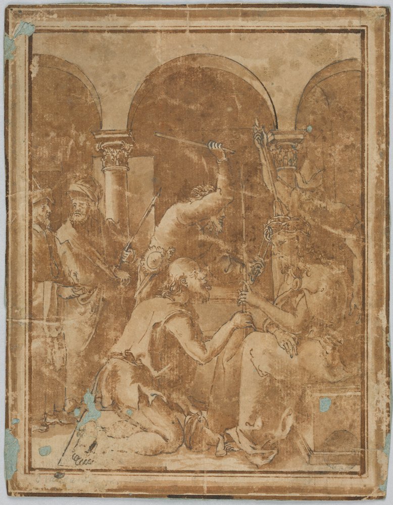 Tegning, kopi av Tornekroningen i Albrecht Dürers Lille pasjon, utgitt i 1511, 1525-1600 av Unknown artistUnknown artist