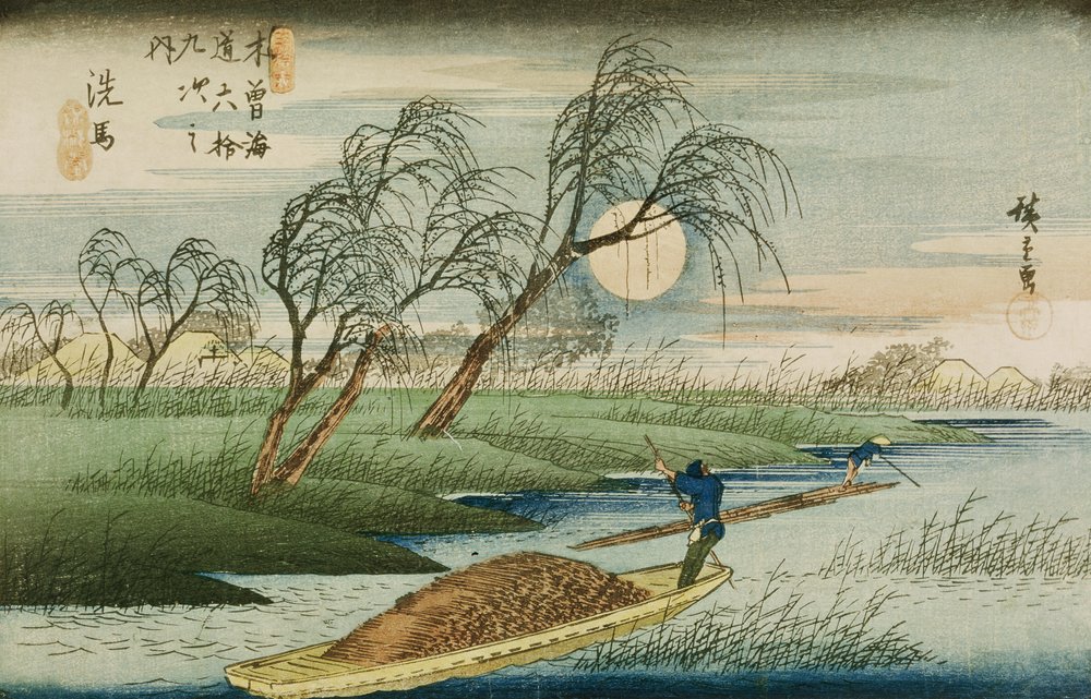 Fullmåne ved Seba, fra serien «Kisokaidos 69 stasjoner», ca. 1837-42 av Utagawa Hiroshige