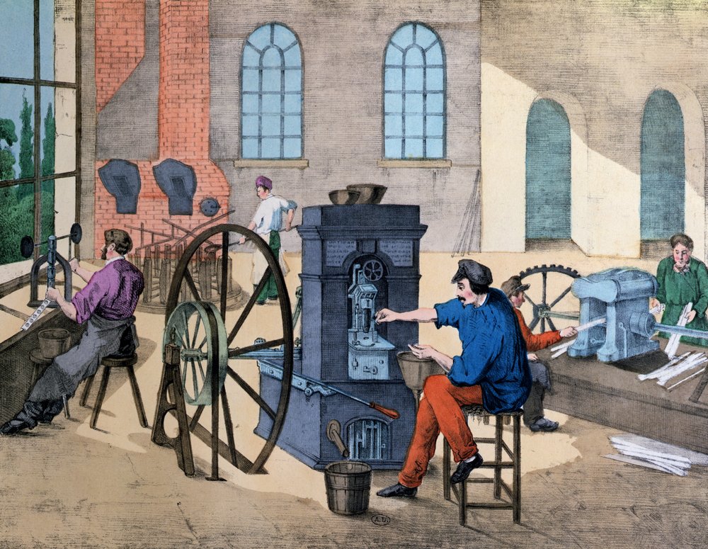Arbeiderstreikepenger i Monnaie de Paris, plate 9 fra en lærebok om industrier og jobber, utgitt ca. 1860 av V. Janson