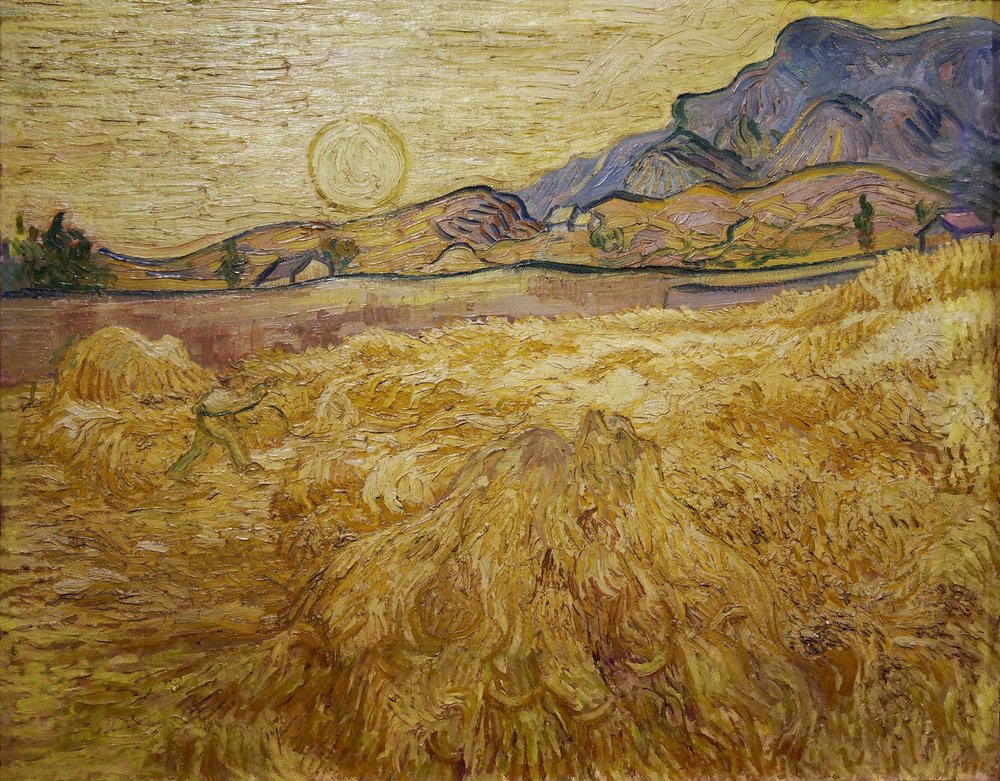 Hveteåker med slåttekar og sol, 1889 av Vincent van Gogh