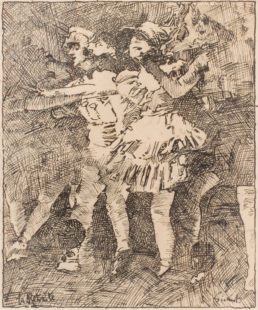 La Retraite: #39;Cheerio#39;, ca. 1928 (Penn og svart og rødt blekk på papir) av Walter Richard Sickert
