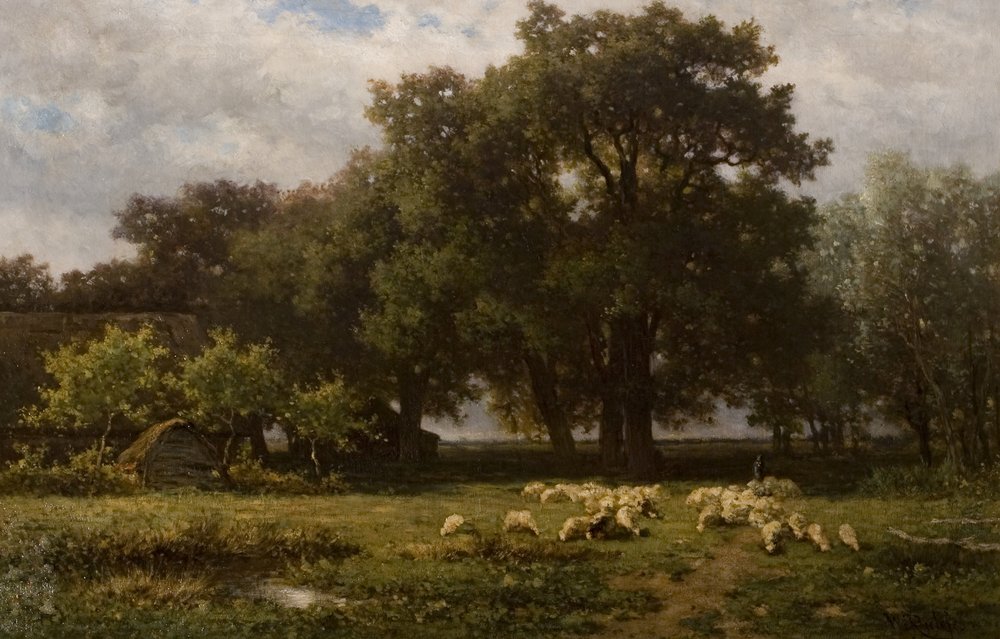 Landskap med sau og låve, midten av 1800-tallet av Willem Roelofs