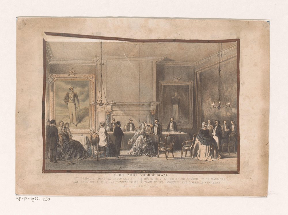 Råd og bryllupsrom i Amsterdam Gamle Zijds Voorburgwal. Rådhuset (råd og bryllupssal) (tittel på objekt) av Willem Hekking jr.