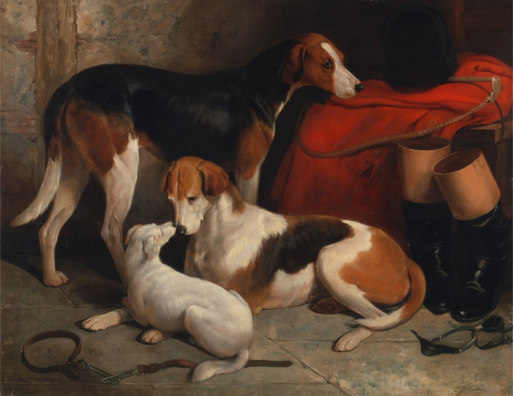 Et par foxhounds med en terrier, Lord Henry Bentincks eiendom av William Barraud