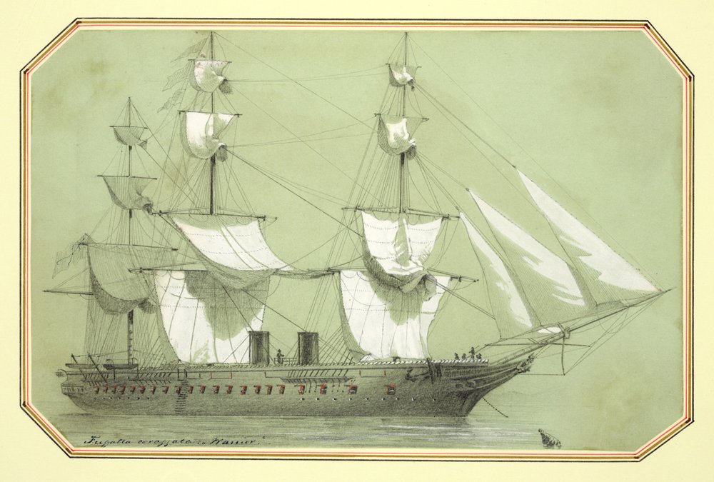 'Warrior', det første britiske krigsskipet av jern, bestilt av regjeringen i 1859 og til sjøs i 1861 (blyant forhøyet med hvitt) av William McConnell