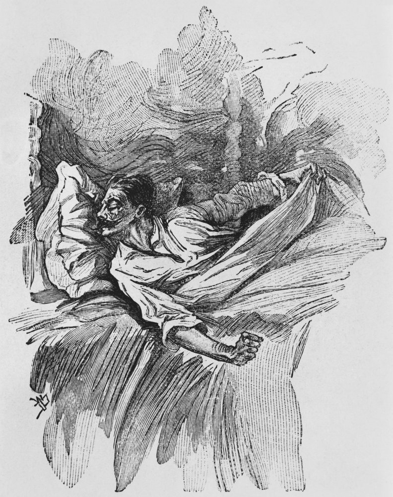 Mareritt, illustrasjon fra Guy de Maupassants «Le Horla» (1850-93), gravert av Georges Lemoine, Paris, Éditions Albin Michel, ca. 1910 av William Julian-Damazy
