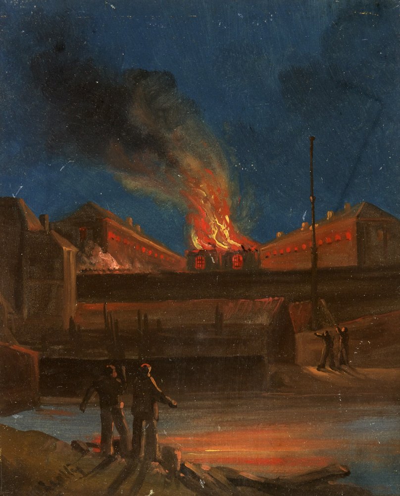 Bristol Riots: The Gaol Burning, ca. 1831 (olje på papir) av William W. Wheatley