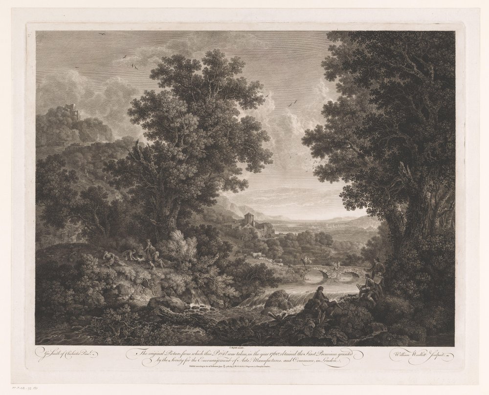 Landskap med figurer rundt et bål og en tegner og shawm-spiller på bredden av en elv Første Premium Landskap av William Woollett