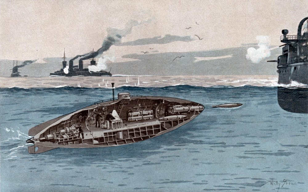 Ubåt, ca. 1905 (akvarell) av Willy Stöwer