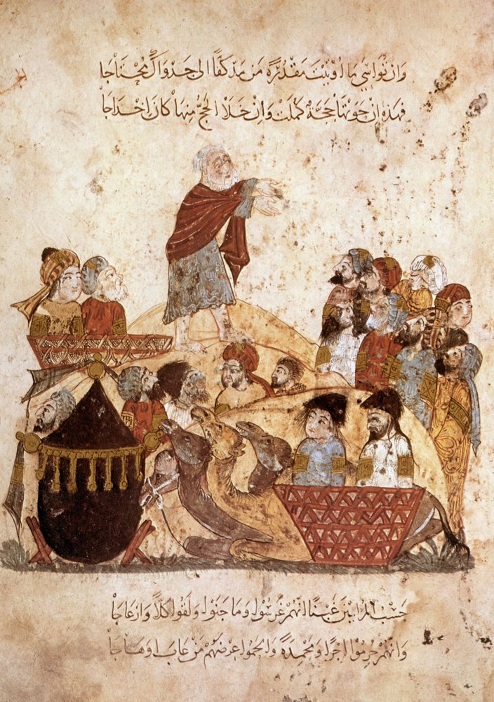 Ms Ar 5847 f.29, Abou Zayd forkynner for en karavane av pilegrimer, fra Maqamat av Al Hariri, ca. 1240 (gouache på vellum) av Yahya ibn Mahmud Al-Wasiti