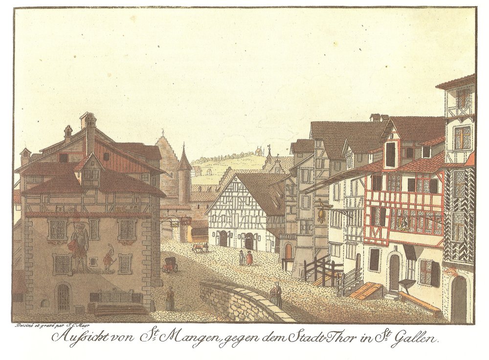 Utsikt fra St. Mangen mot byporten i St. Gallen (original tittel) av Zeichner und Kupferstecher