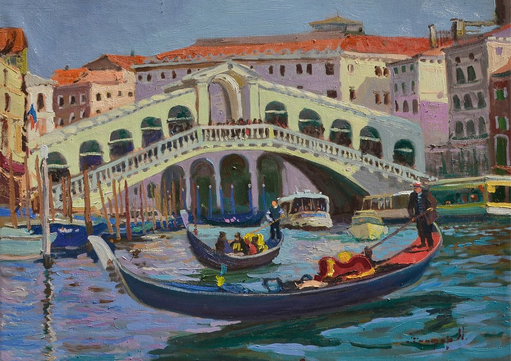 Gondoler ved Rialtobroen i Venezia av Alexander Shandor