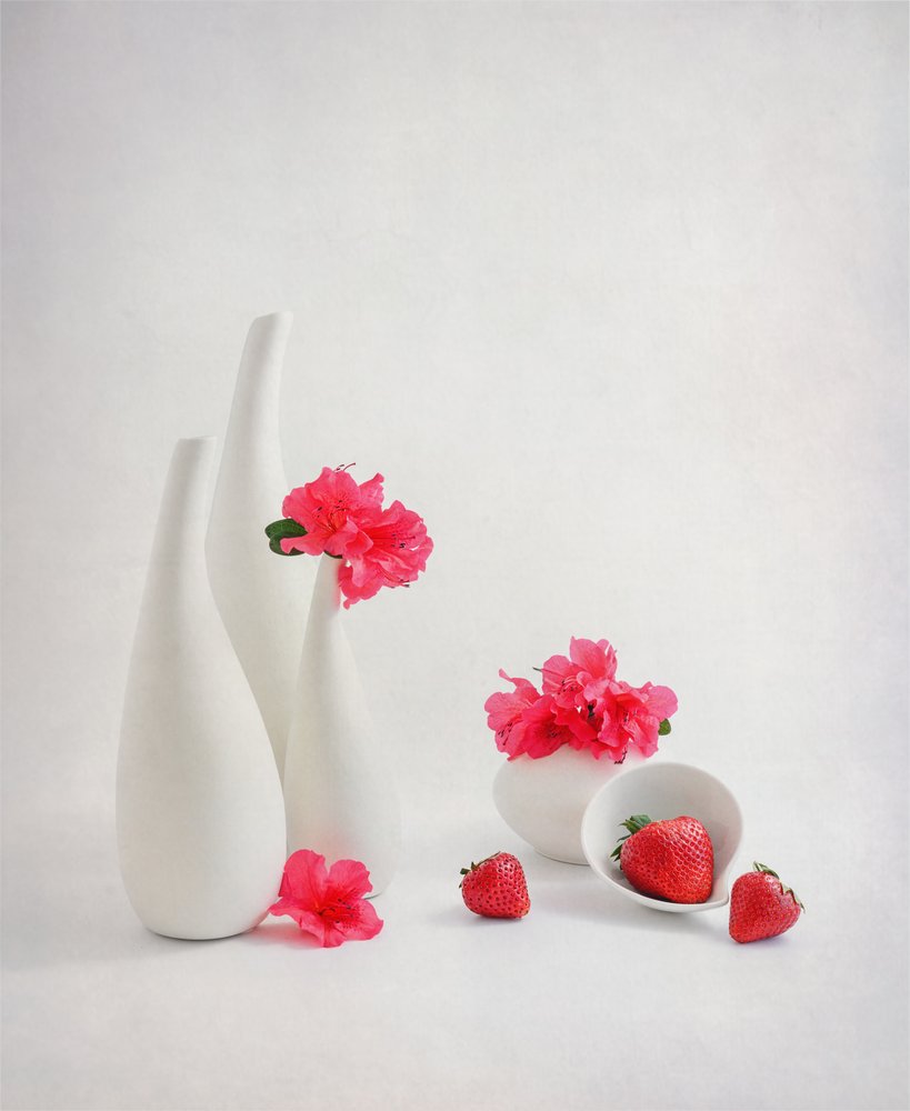 Friske jordbær og rosa blomster av Alice Sheng