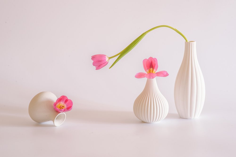 Rosa tulipaner, hvite vaser av Alice Sheng