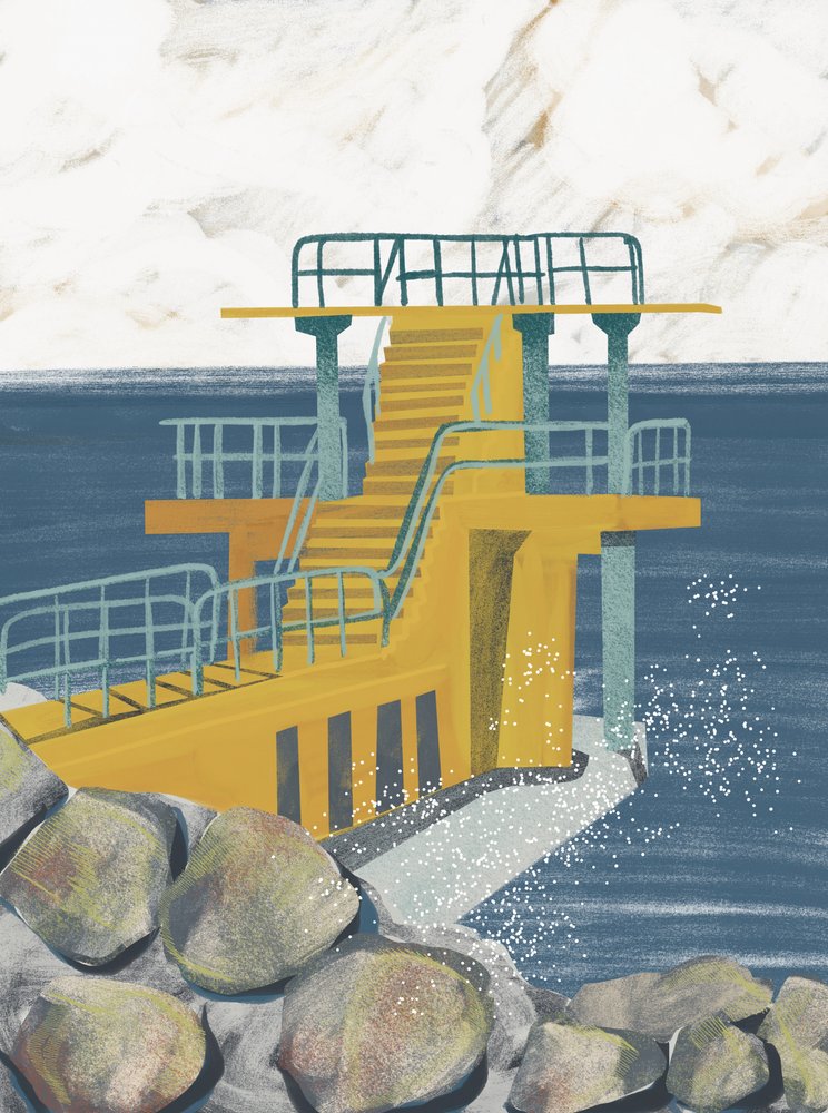 Gul stupplattform i havet av Charlotte Trudgett