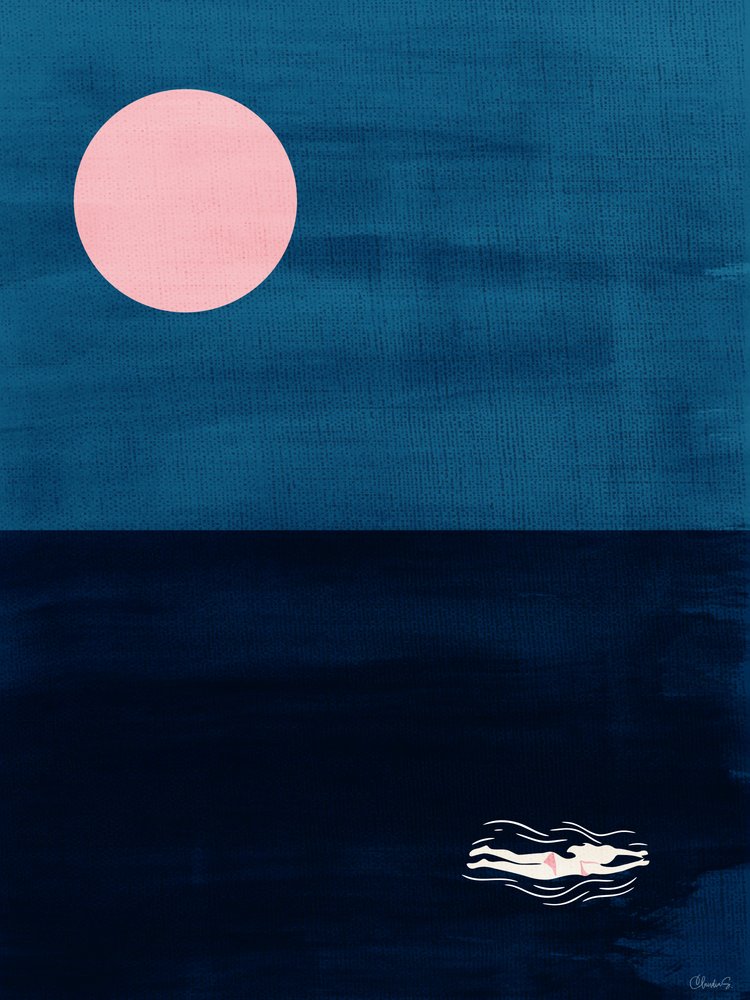 Midnight Swim – «Pink Moon» – abstrakt kunsttrykk med havmotiv av Claudia Spano'