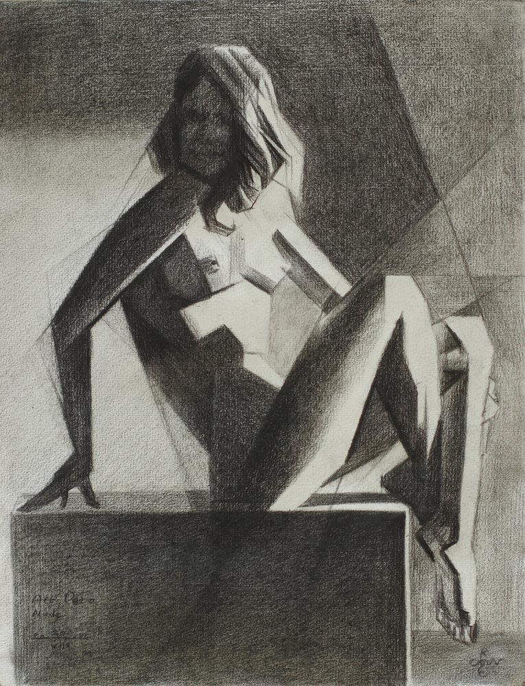 Sittende geometrisk nakenfigur av Corné Akkers