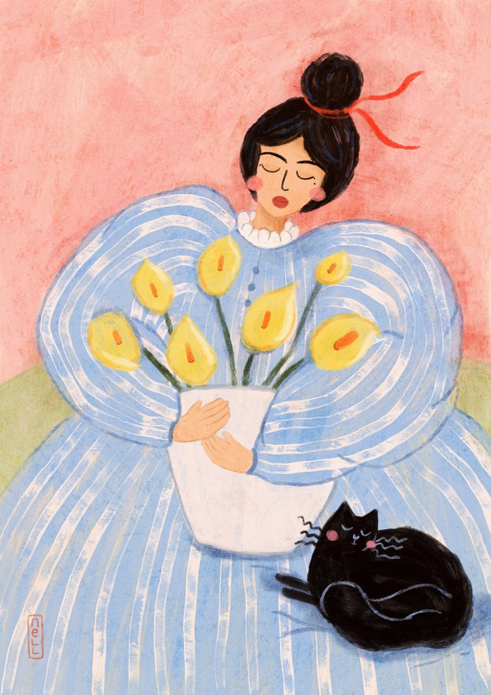 Kvinne med blomster og katt av Dirkie Nell