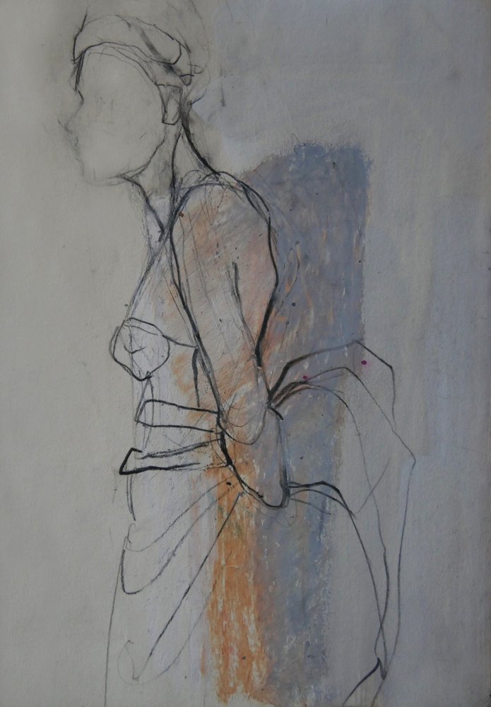 Skisse av en elegant, drapert figur av Doris Schmitz