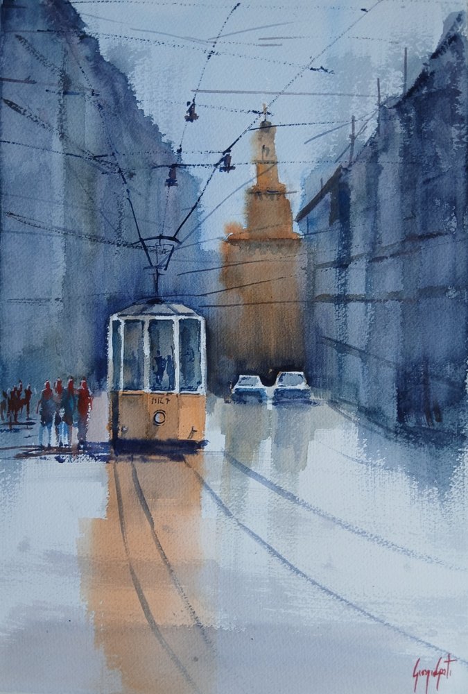 Refleksjoner av trikken i Bologna av Giorgio Gosti