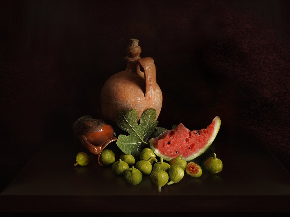 Stilleben med fiken og vannmelon av Juan Antonio Palacios