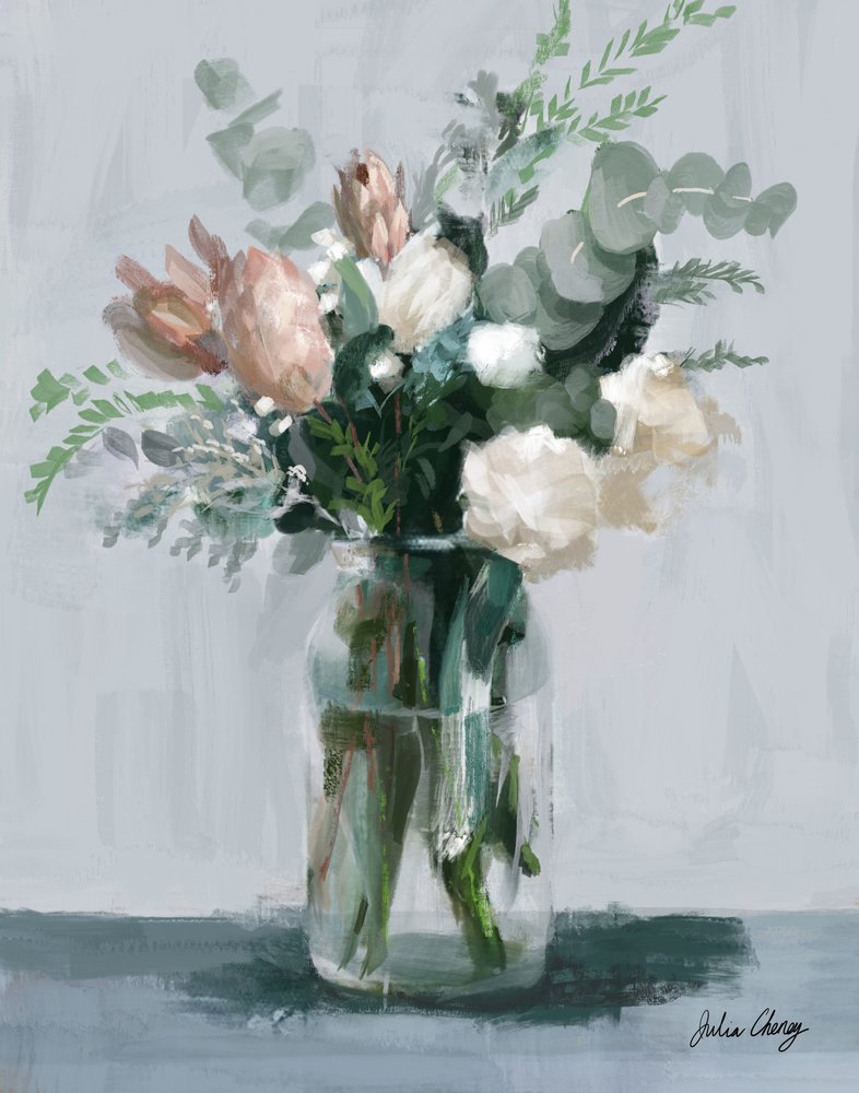 En bukett med roser og kremfargede blomster av Julia Cheney