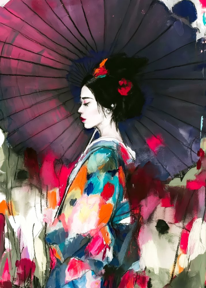 Et livfullt portrett av en geisha med paraply av Justyna Jaszke
