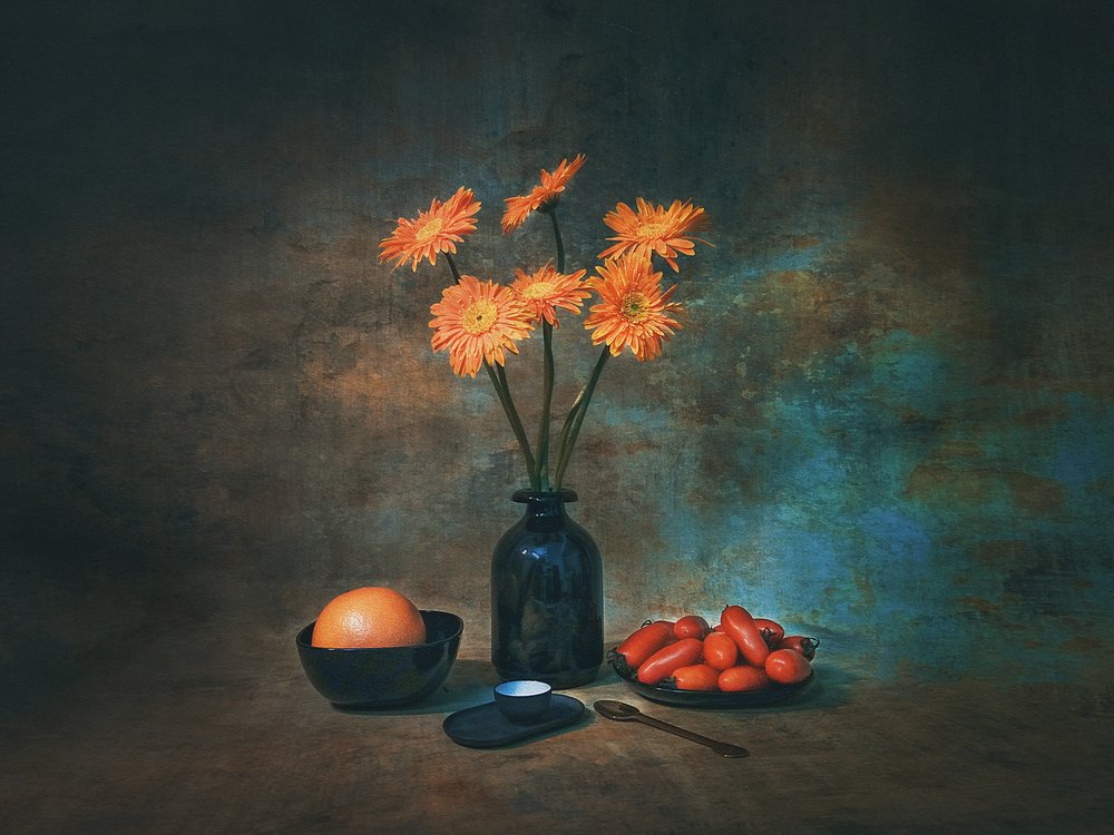 Stilleben med oransje blomster av Liu Xing