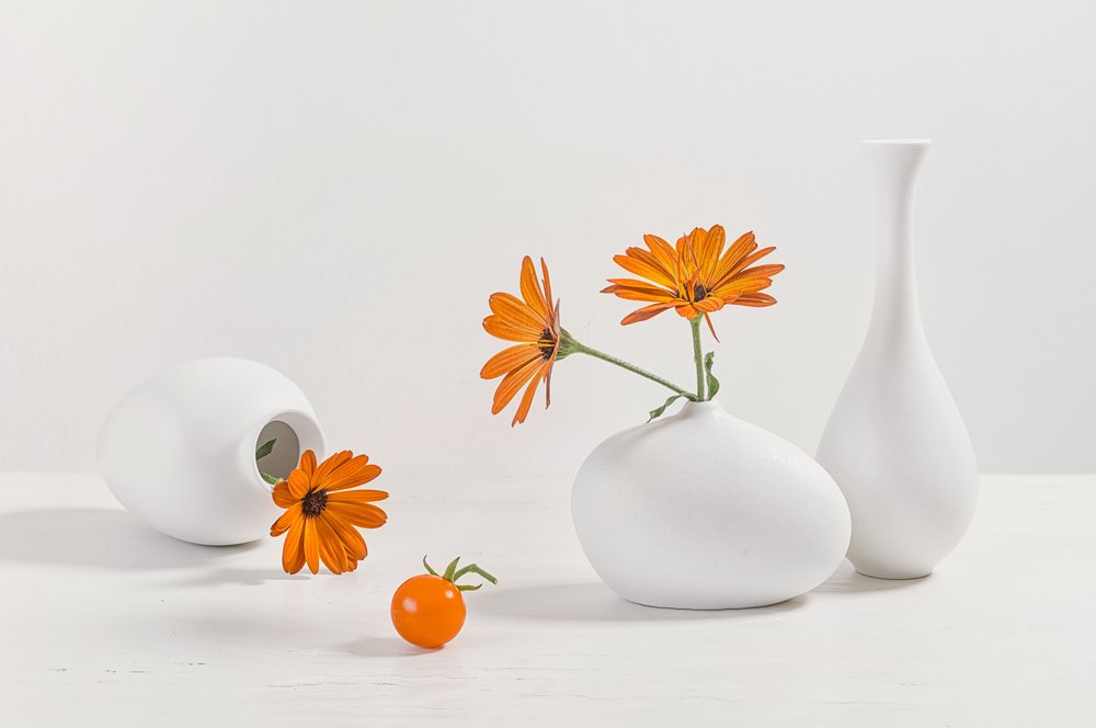 Moderne stilleben med oransje blomster av Lydia Jacobs